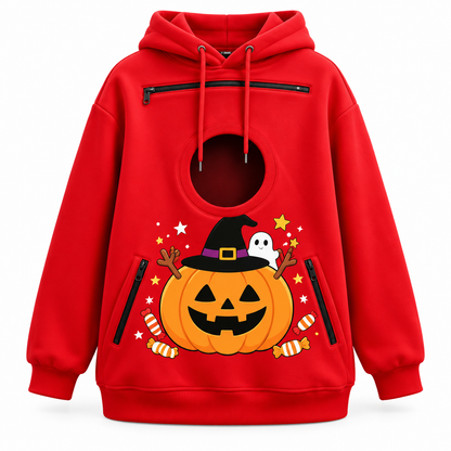 Roter Halloween-Hoodie mit Kürbismotiv und runder Öffnung