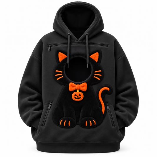 Schwarzer Halloween-Hoodie mit Katzenmotiv und runder Öffnung