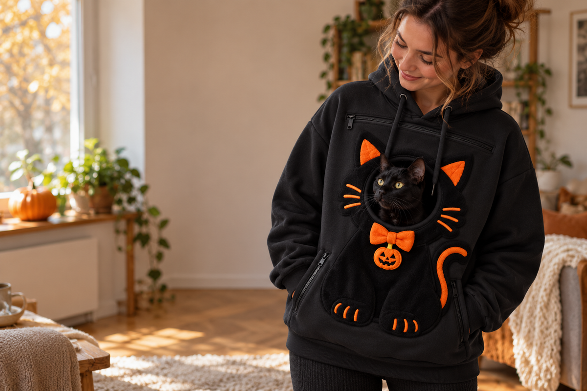 Schwarzer Halloween-Hoodie mit Katze in einer Wohnzimmerszene